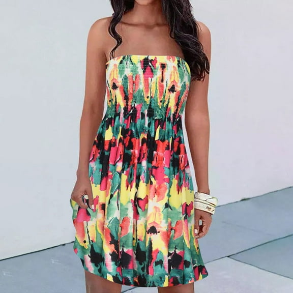 Sakmal Summer Dresses for Women Short A-Line Dresses Boho Bandeau Tie Dye Sleeveless Ladies Dresses Summer