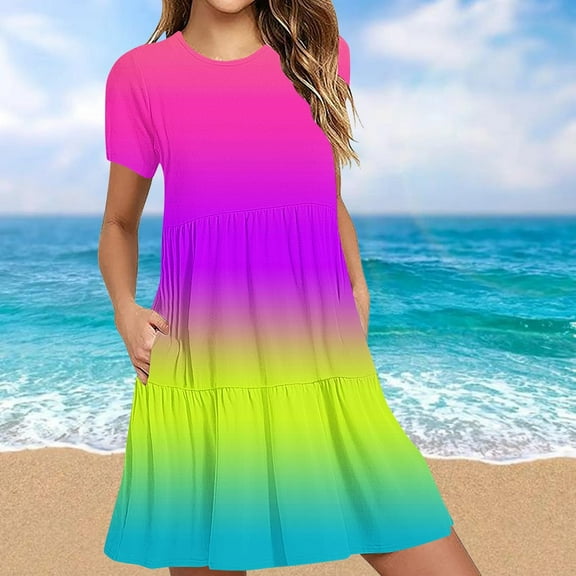 Sakmal Summer Dresses for Women with Pocket Gradient Basic Loose Fit Short Sleeve Purple Comfort Fit Long Sundress