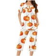thumbnail image 1 of Sakmal Summer Pajamas for Women Set Plus Size Halloween Short Sleeve Top and Capri Pants Pumpkin Lounge Set ,White,L, 1 of 4