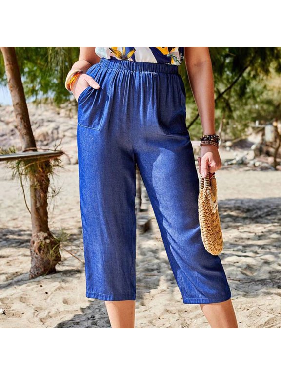 Summer Pants for Women 2024 Capri Pants Cropped Blue Solid with Pockets Ladies Pants