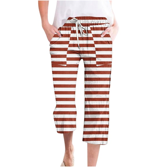 Sakmal Summer Pants for Women 2024 Cropped Brown Palazzo with Pockets Striped Knot Ladies Trousers for Summer