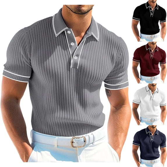 Sakmal Summer Polo Shirts Men Short Sleeve Button Down Tshirts Solid Black Dressy Casual Mens Shirts L