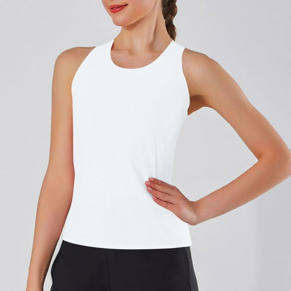 Sakmal Summer Tanks for Women 2024 Crew Neck White Moisture Wicking Quick Drying Solid Yoga Summer Sleeveless Tops