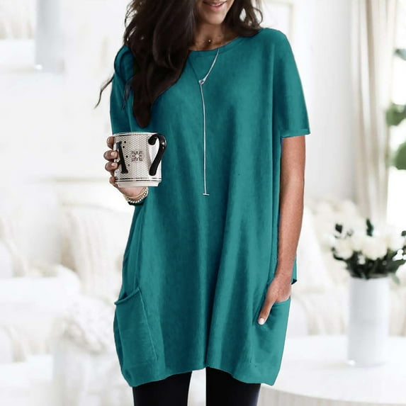 Sakmal Summer Tops for Women 2024 Blue Short Sleeve Solid Crew Neck Tunic Shirts for Women