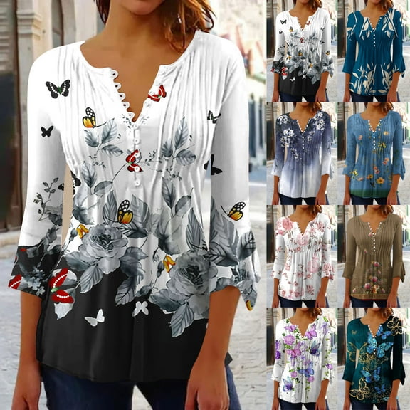 Sakmal Summer Tops for Women 2024 Blue Short Sleeve Solid Pleated Button Crew Neck Tunic Womens Shirts Plus Size