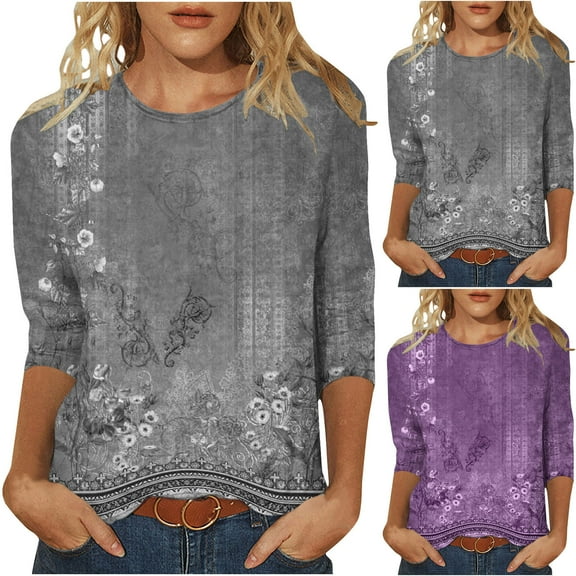Sakmal Summer Tops for Women 2024 Purple Short Sleeve Floral V-Neck Flower T-Shirts Ladies Shirts $5