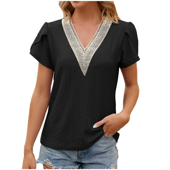 Sakmal Summer Tops for Women 2024 Short Sleeve Black V-Neck Petal Sleeves Solid Lace Blouses Ladies Shirts and Tops
