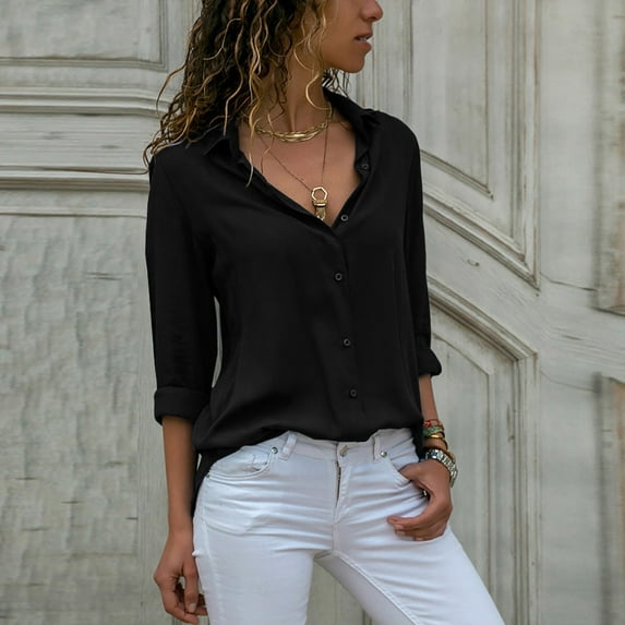 Sakmal Summer Tops for Women Long Sleeve Button Collared Solid Blouses Plus Size Ladies Shirts