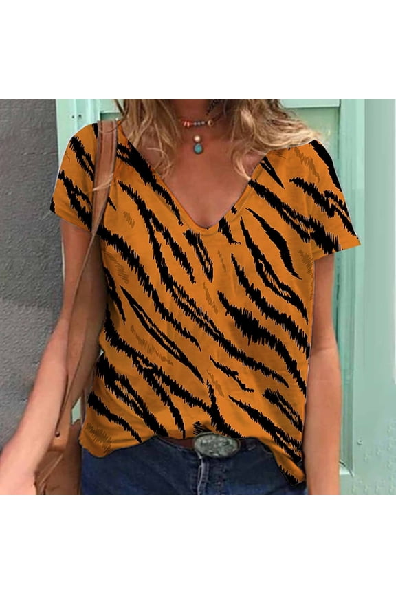 Summer Tops for Women Orange Short Sleeve Leopard Print Floral V-Neck T-Shirts Womens Shirts