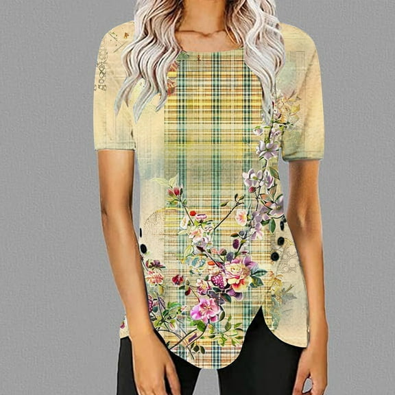 Sakmal Yellow Womens Plus Size Tops Scoop Neck Short Sleeve Floral Asymmetrical Opening Tunic Womens Shirts