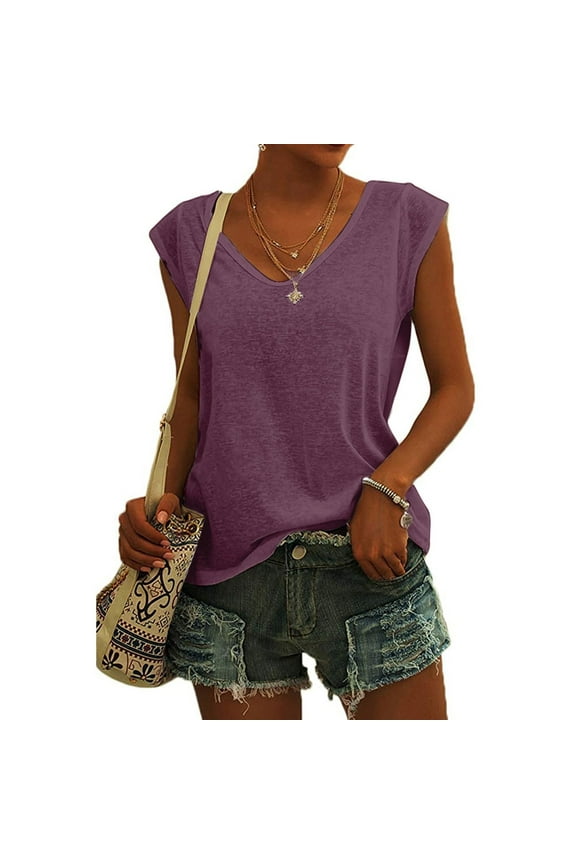 Summer Tops for Women Short Sleeve V-Neck Solid T-Shirts Ladies Shirts $5