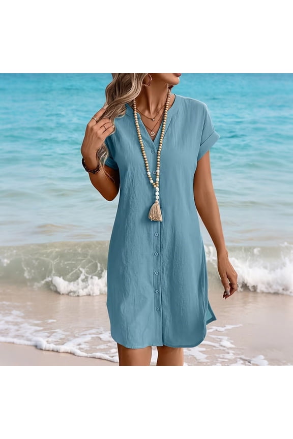 Summer Womens Dresses Cotton Linen Moomoo Midi Tshirt Dress V Neck Short Sleeve Blue Womens Sundress M