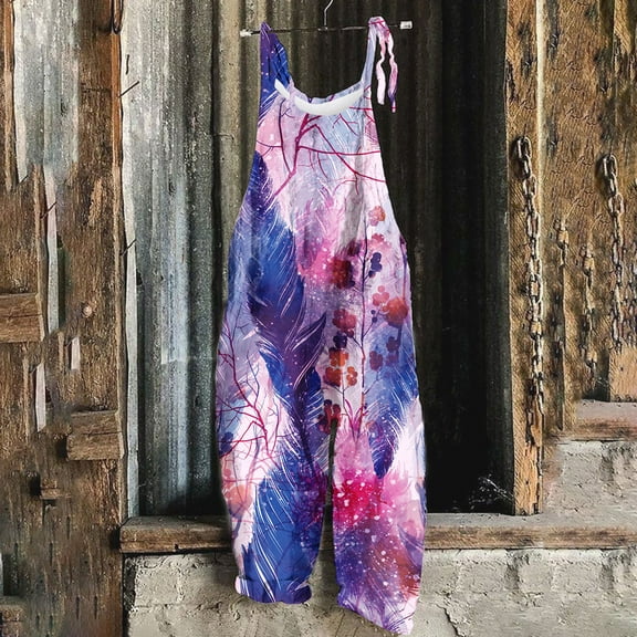 Sakmal Summer Womens Jumpsuit Floral Backless Wide Leg Overalls Purple Sleeveless Full V Neck Pants with Pockets
