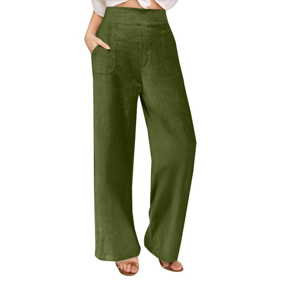 Sakmal Summer Womens Pants Wide Leg High Waisted Palazzo Cotton Linen Green Solid Pants with Pockets