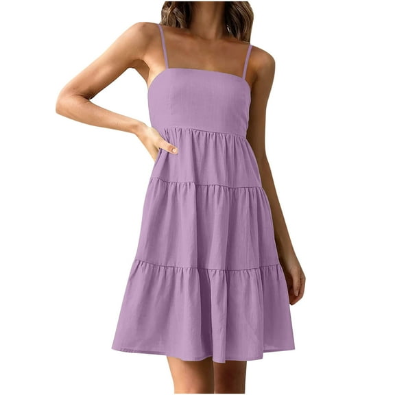 Sakmal Sun Dress Fashion Womens Solid Purple Short Tiered Scrunch Neck Sleeveless Ladies Dresses