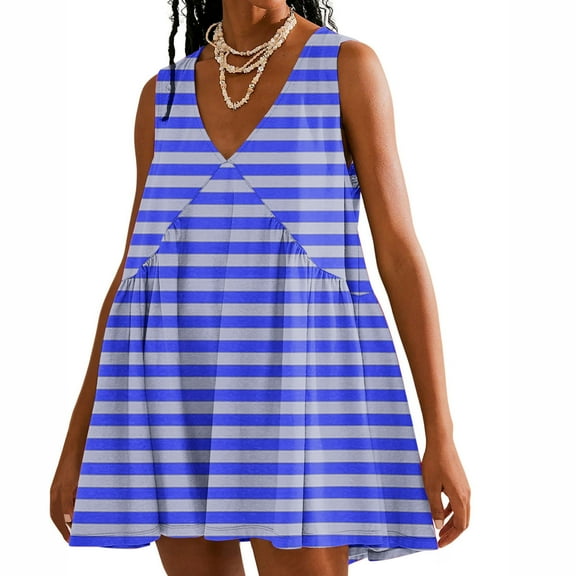 Sakmal Sun Dresses for Women 2024 Basic Striped Comfort Fit Sleeveless Blue Mid-Length Slip Dress