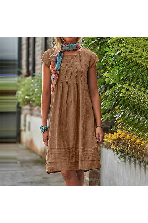 Sun Dresses for Women 2024 Brown Mid-Length Crew Neck Solid Pleated Sleeveless Cotton and Linen Shift Dress