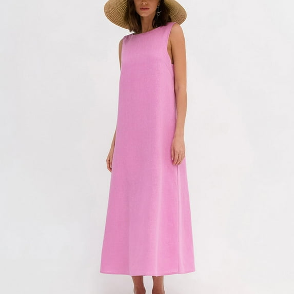 Sakmal Sun Dresses for Women 2024 Comfy Cotton and Linen Solid Comfort Fit Pink Sleeveless Maxi Shift Dress