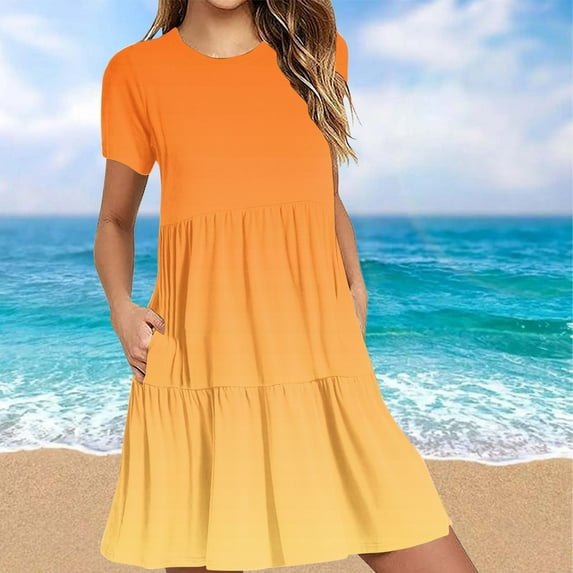 Sakmal Sun Dresses for Women 2024 Crew Neck Orange Long Tiered Loose Fit Short Sleeve Gradient with Pocket Sundress