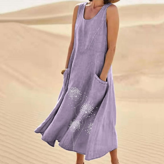 Sakmal Sun Dresses for Women 2024 Graphic Loose Fit with Pocket Sleeveless Purple Comfort Fit Maxi Slip Dress