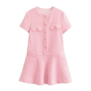 Sakmal Sun Dresses for Women 2024 Mid-Length Crew Neck Pink Short Sleeve Solid Button Down Shirt Dress