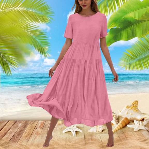 Sakmal Sun Dresses for Women 2024 Solid Basic Pink Comfort Fit Short Sleeve Long Shift Dress