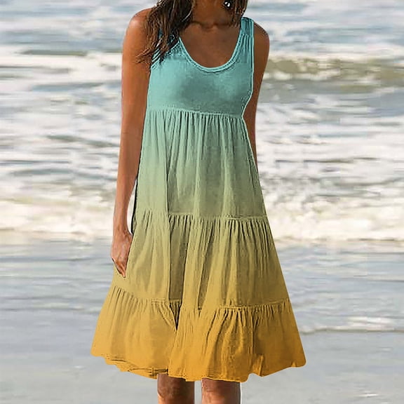 Sakmal Sun Dresses for Women 2024 Tiered Gradient Pleated Gold Comfort Fit Sleeveless Mid-Length Slip Dress