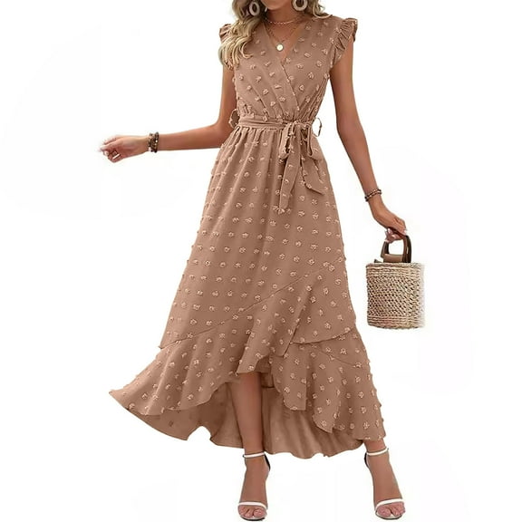 Sakmal Sun Dresses for Women 2024 V-Neck Maxi Yellow Asymmetrical Solid Short Sleeve Opening Ruffle A-Line Dress