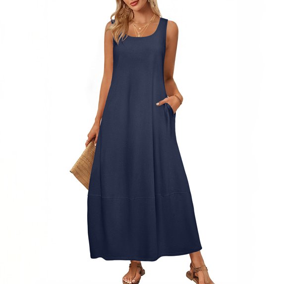 Sakmal Sundress Summer Dresses for Women 2025 Maxi Blue Dress Solid Sleeveless Dresses with Pockets