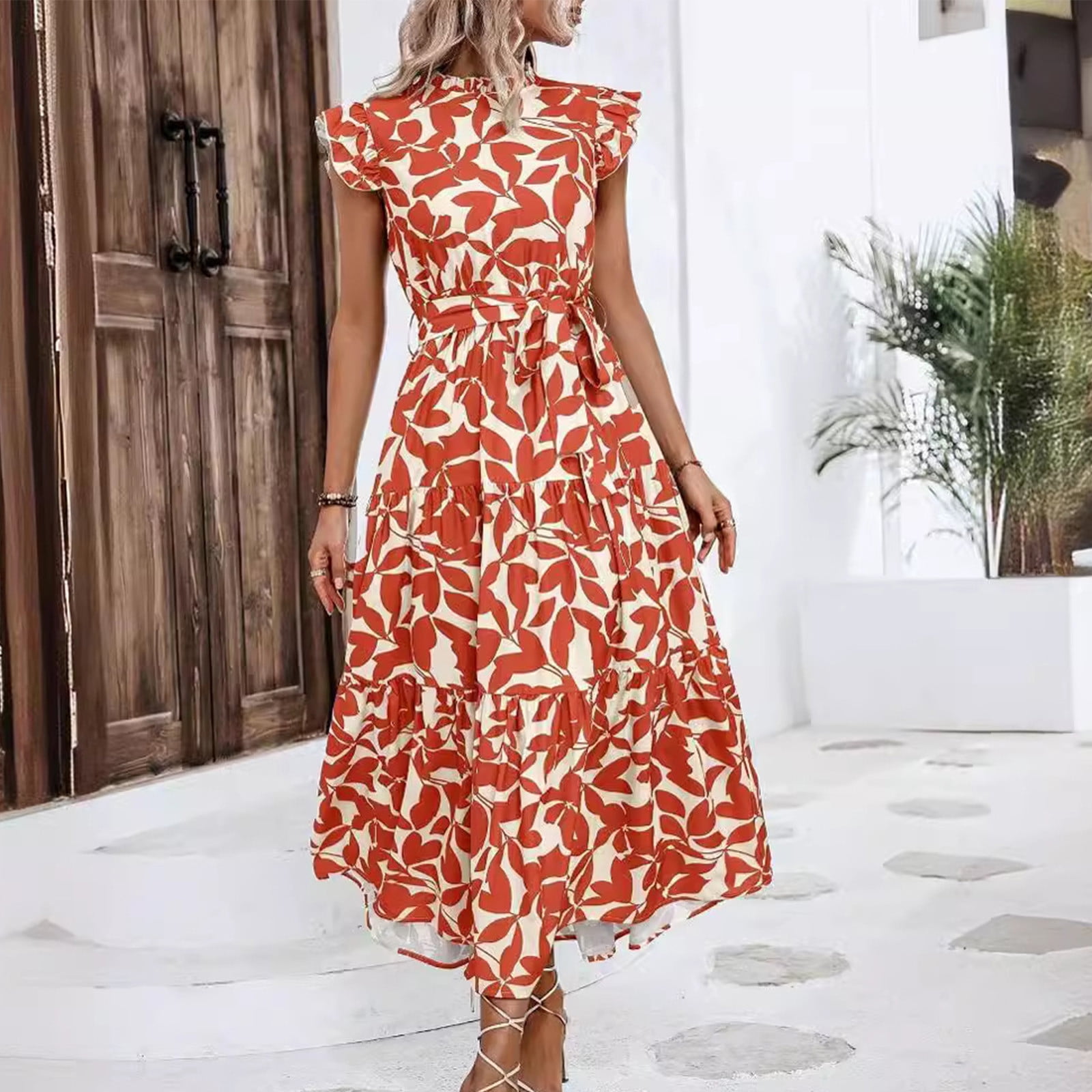 navy blue dress for baby girl Sakmal Sundress Womens Dresses Empire Waist Long Orange Tea Party Dress  Puff SLeeve Floral A Line Dresses with Pockets