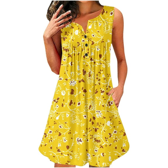 Sakmal Sundress Womens Dresses Mini Beach Casual Yellow Dress Floral Sleeveless V Neck Dresses