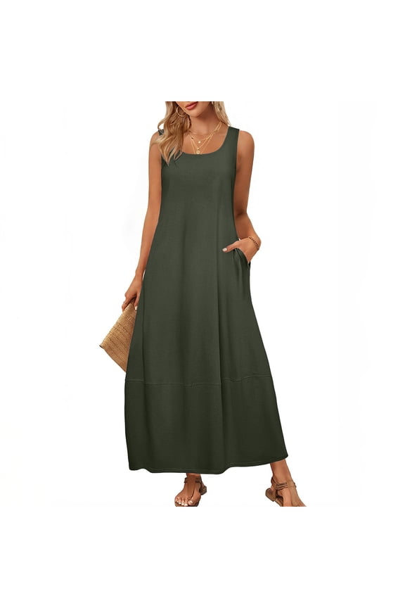 Sundress Womens Summer Dresses Maxi Green Dress Scoop Neck Sleeveless Dresses with Pockets