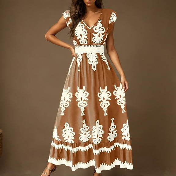 Sakmal Sundress Womens Summer Dresses Maxi Yellow Boho Beach Dress Short Sleeve Graphic Dresses