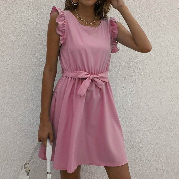 Sakmal Sundresses for Women 2024 Mid-Length Pink Square Neckline Ruffle Pleated Solid Sleeveless Shift Dress