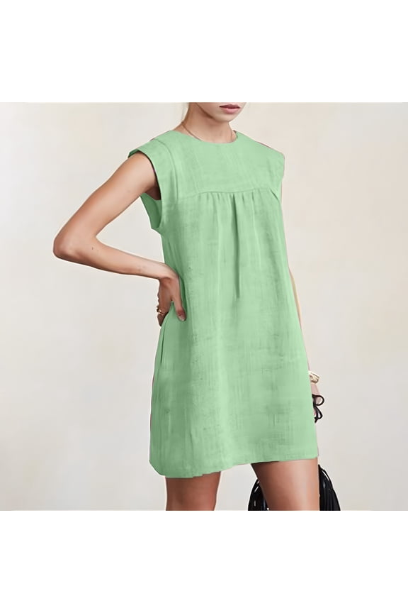 Sundresses for Women Cotton Line Green Mini Dress Solid Crew Neck Sleeveless Dresses