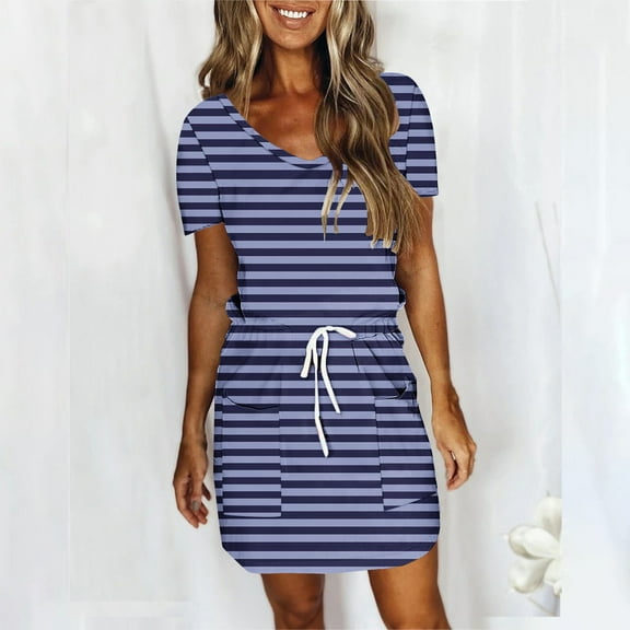 Sakmal Sundresses for Women Midi Vacation Blue Dress T Shirt Striped Short Sleeve Scoop Neck Dresses with Pockets