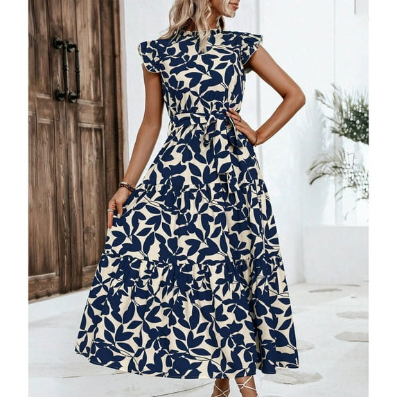 Sakmal Sundresses for Women Tea Party Empire Waist Long Blue Dress Floral Puff SLeeve A Line Dresses with Pockets
