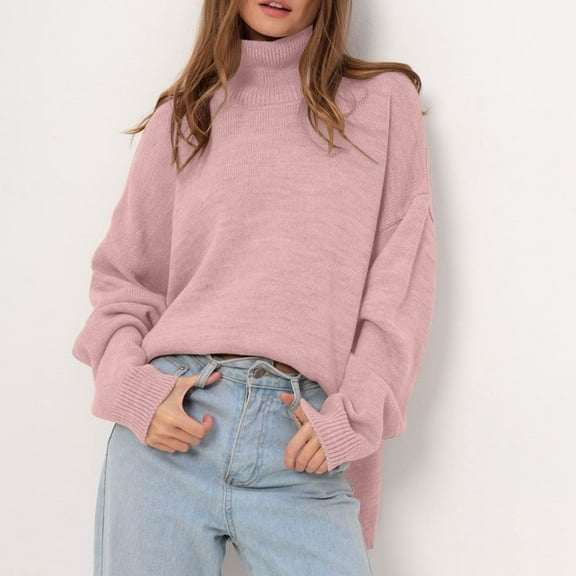 Sakmal Sweater for Women Cute Pink Turtleneck Plain Knit Sweaters for Women
