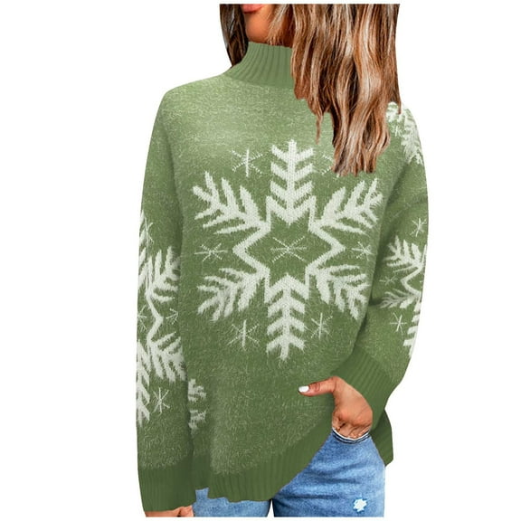 Sakmal Sweaters Women Green Knit Pullover Tops High Neck Snowflakes Long Sleeve Loose Sweaters for Women