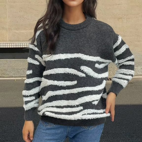 Sakmal Sweaters for Women 2025 Striped Cute Pullover Gray Tops Long Sleeve Casual Crew Neck Sweaters for Women