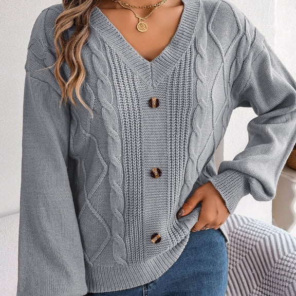 Sakmal Sweaters for Women Gray Pullover Cable Knit Soft Tops Fashion Solid V Neck Long Sleeve Sweaters for Women