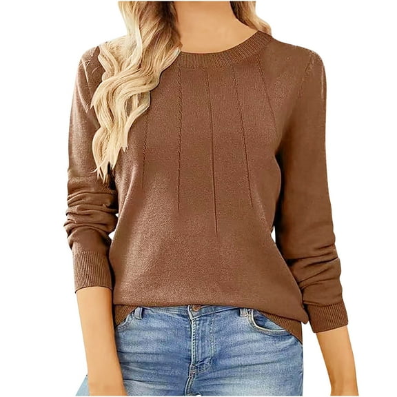 Sakmal Sweaters for Women Pullover Brown Cozy Tops Solid Long Sleeve Crew Neck Loose Sweaters for Women