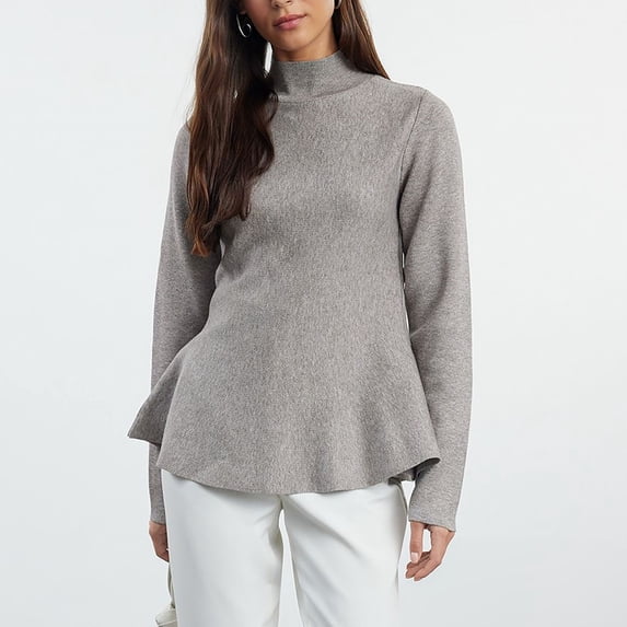 Sakmal Sweaters for Women Ruffle Gray Peplum Soft Tops Long Sleeve Solid Trendy High Neck Sweaters for Women