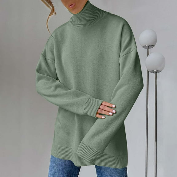 Sakmal Sweaters for Women Soft Green Tunic Tops High Neck Casual Solid Long Sleeve Sweaters for Women