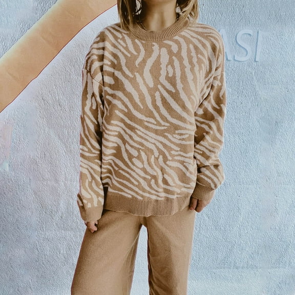 Sakmal Sweaters for Women Trendy Pullover Khaki Fashion Leopard Print Crew Neck Ladies Sweaters S