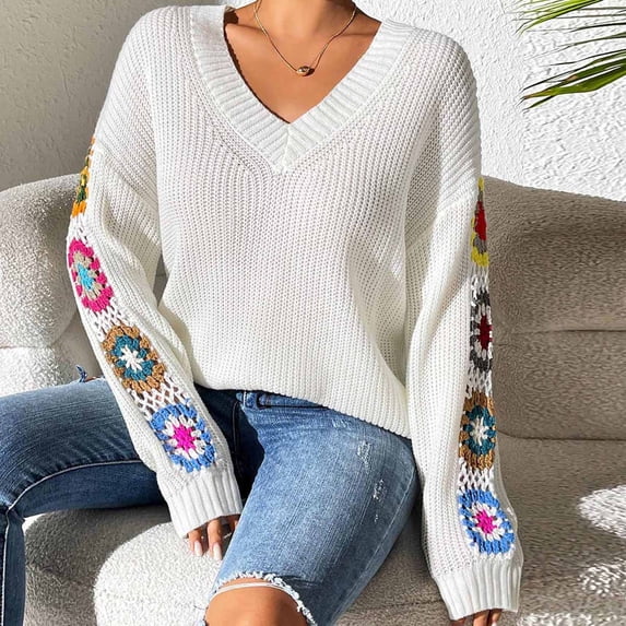 Sakmal Sweaters for Women V Neck Cozy White Streetwear Graphic Sweater for Women L