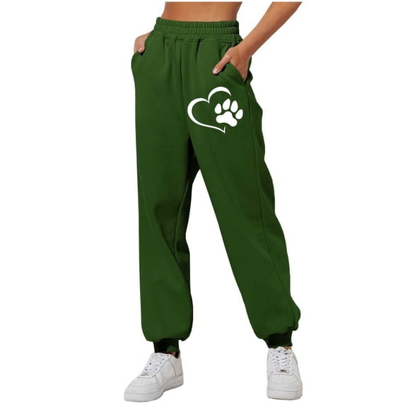Sakmal Sweatpants Pants Women Joggers Elastic Waist High Waisted Dog Paw Green Pants with Pockets