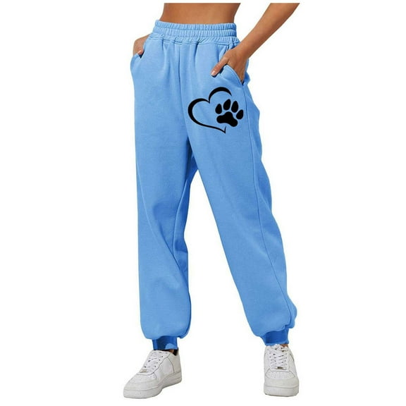 Sakmal Sweatpants Pants for Women High Waisted Joggers Elastic Waist Blue Dog Paw Pants with Pockets