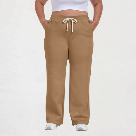 Sakmal Khaki Sweatpants for Women Wide Leg Drawstring Plus Size Boyfriend Pants Running Solid 30" Inseam Sweatpants for Women 4XL