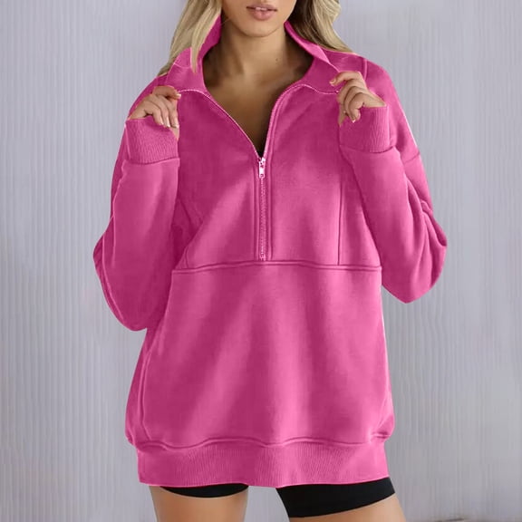 Sakmal Sweatshirts Women Pink Athletic Workout Zip Up Sweatshirts Solid Loose Fit Fall Fashion Tops
